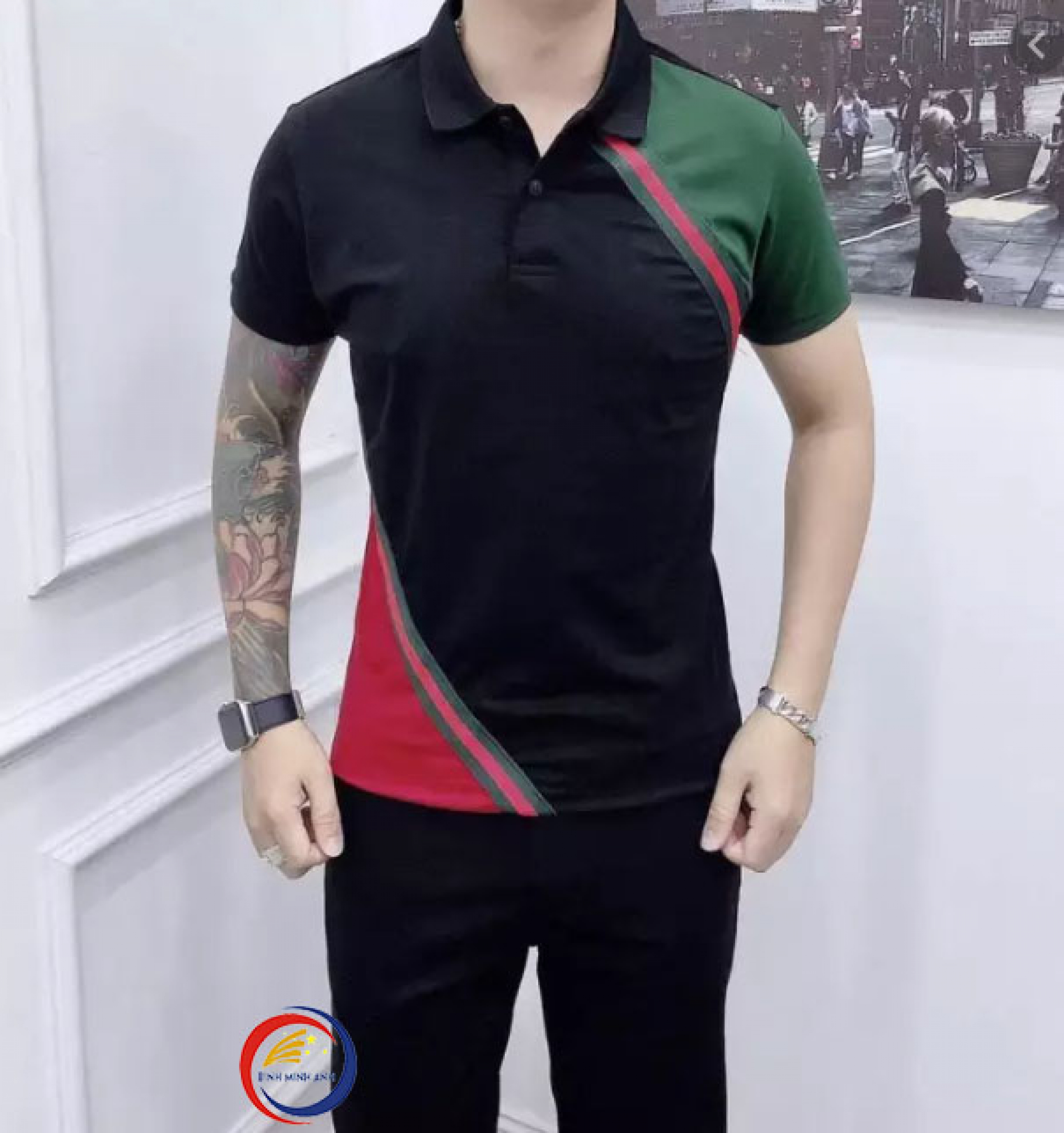 Áo phông  đen nam phối màu